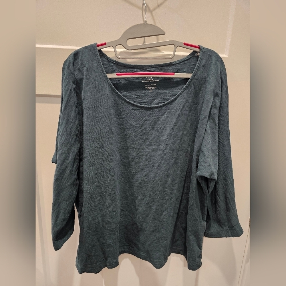 Pure Jill Dolman Top L Petite 100% Organic Cotton Teal Soft Knit